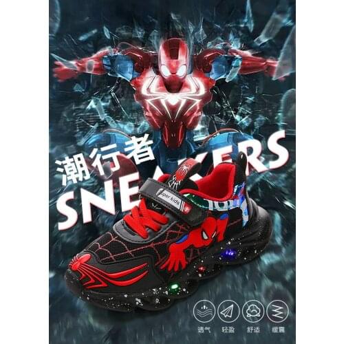 Disney spring casual shoes childrens breathable mesh sneakers boys and girls baby led light spider casual light running shoes