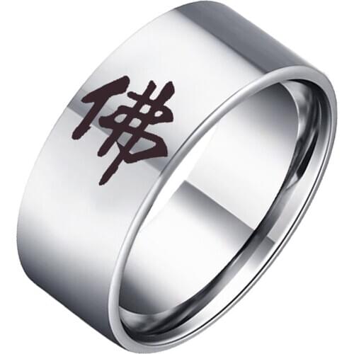 Chinese Character Buddha Rings New Fashion Mens Finger-Ring 10mm Wide High Quality Stainless Steel Jewelry Accessories Gifts