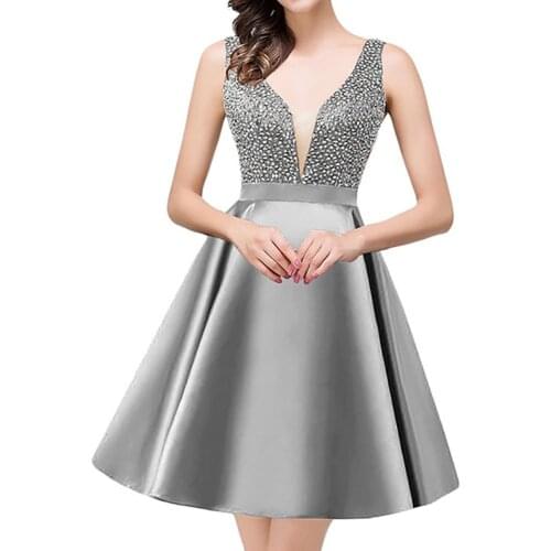 A Line Short Satin Homecoming Dresses Sexy V Neck Sequined Party Gown 2021 Backless Graduation Dress