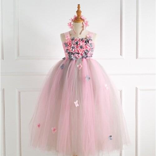 Summer 2021 New Wedding Children Girls Flower Dress Princess Pink Flower Petal Long Girl baby birthday fashion Dress
