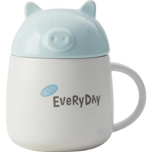 Cute 3D Blue Pig Mug,Ceramic pink Mug With Lid,Cartoon cups Milk Coffee Tea Cup Porcelain Mugs Girl Birthday Gifts