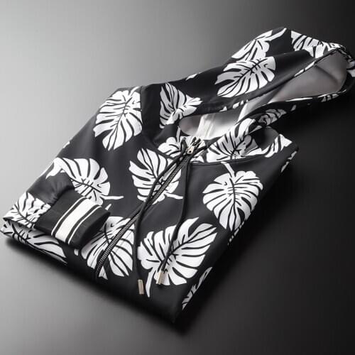 Hooded Luxury Leaf Digital Printing Zipper Mens Jackets And Coats Fashion Plus Size 5xl Slim Fit Coat Men