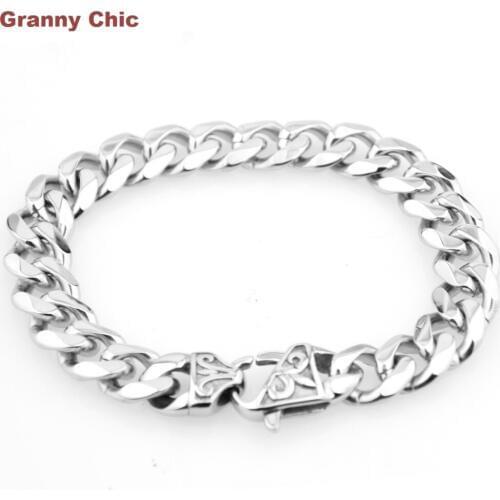 Granny Chic Mens High Quality Jewelry Silver Stainless Steel Curb Cuban Hip Hop Bracelet Link Chain 13mm/15mm