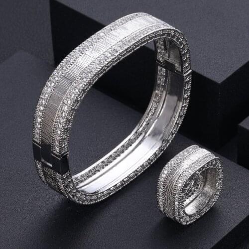 Janekelly Luxury Unique African Bangle Ring Set For Women Wedding Cubic Zircon Crystal CZ Dubai Bridal Jewelry Set