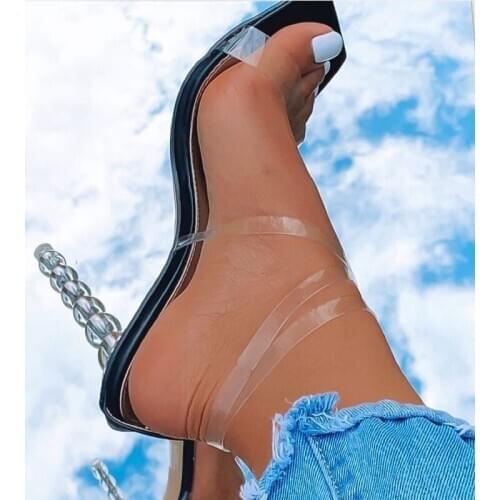 Newest Women Pumps Elegant Crystal Strange Heels Square Toe Summer PVC Clear Gladiator Sandal Stiletto Back Strap Ladies Shoes
