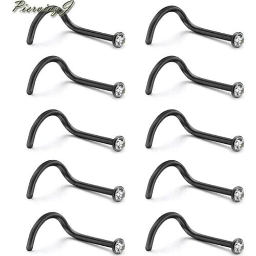 PiercingJ 10Pcs 20G Stainless Steel Nose Stud Set Nose Screw Bone Ring 1.5-3mm Cubic Zirconia Crystal Nose Body Piercing Jewelry