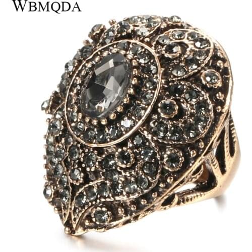 WBMQDA Vintage Jewelry Wholesale Gray Crystal Ring For Women Antique Gold Color Wedding Party Accessories Gifts 2019 New