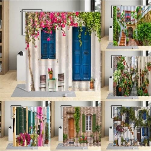Retro Street landscape Shower Curtain Garden Flower Plant Greek Town Scenery Bathroom Curtain Set Wall Decoration Bathtub Screen