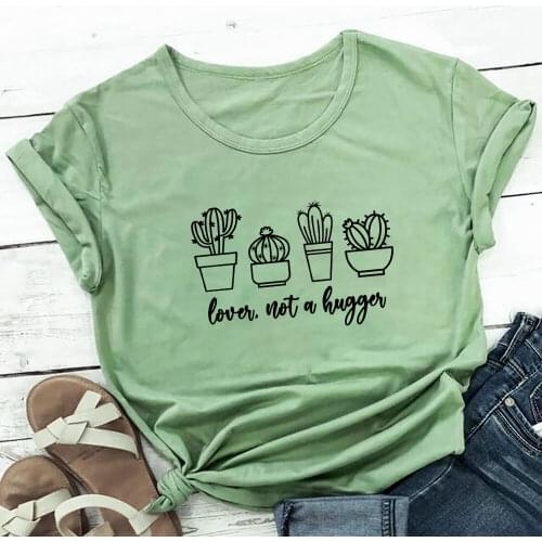 Lover Not a Hugger Cactus Print 100%Cotton Women Tshirt Unisex Funny Summer Casual Short Sleeve Top Social Distancing Shirt