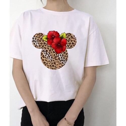 New Summer Leopard Print T shirt Women Graphic Flower Harajuku Fashion T-shirt Top Cute Ear Shirt Tee Female Tshirt Tees