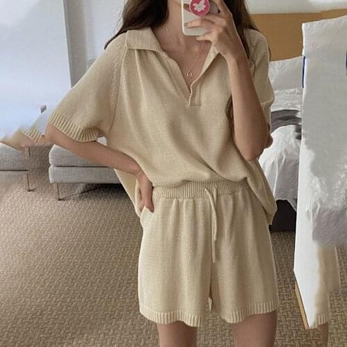 2021 Women Summer Casual Loose Knitted Two Piece Set Outfits Turn Down Collar Pullovers & Elastic High Waist Shorts