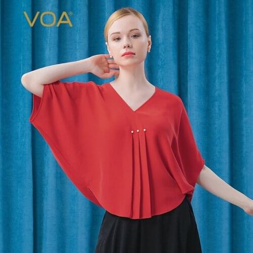 VOA 30m/m Heavy Silk Dream Red V Collar Simple One-piece Raglan Sleeve Three-dimensional Pleated Straight Tube Female T BE365