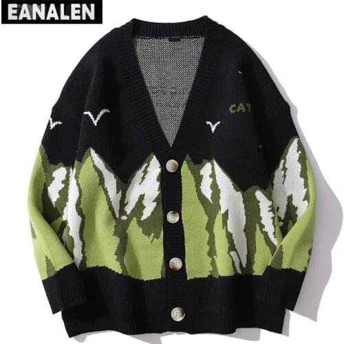 Harajuku mountains and mountains graphic knitted sweater women fashion color contrast vintage grandpa sweater cardigan men sweat