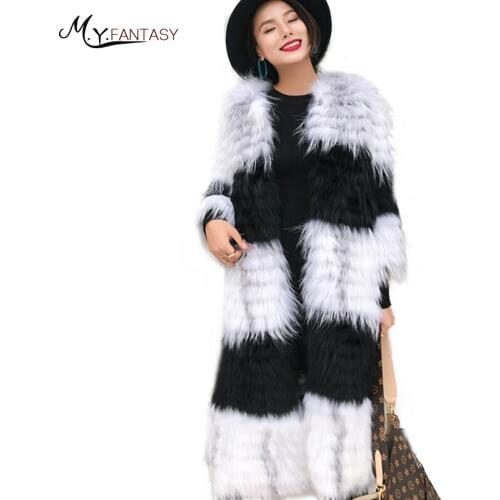 LVCHI 2019 Spring Classic Imported Marble Fox Fur Coats Slim O-Neck Coat Womens Striped X-Long Contrast Color Loss Fox Coats