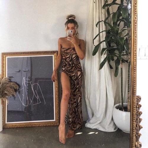 Maxi Dress Women 2021 Summer Sexy High Split Sleeveless One Shoulder Slim Vintage Leopard Print Elegant Banquet Party Dress