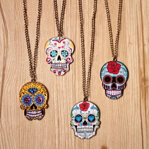 High quality fashion vintage skull punk multi colour print design enamel skull Mexican Tattoo long pendant necklace