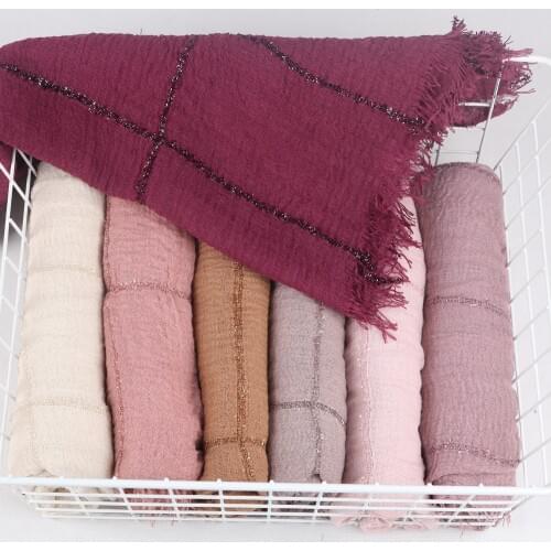 2021 New Design Crinkle Crimp ripped cotton turban hijab with glitter lace lines Sequins womens head scarf wrinkle shawl