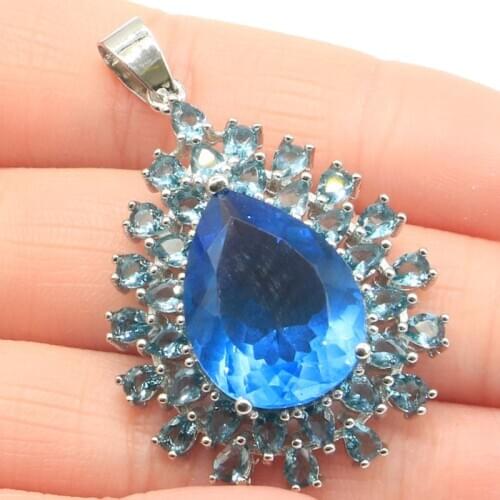 47x29mm Big Drop Gemstone 20x15mm Created London Blue Topaz Rhodolite Garnet For Ladies Silver Pendant