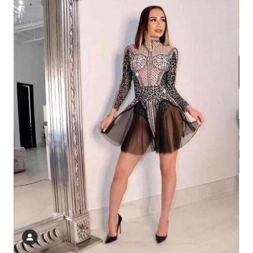 Sexy Rhinestones Dress Women Black Patchwork Mesh Mini Dress Evening Wear Womens Prom Birthday Celebrate Club Dresses Body Suit