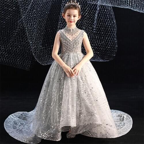 Children Girls Luxury Fashion Beading Design Sequined Evening Party Birthday Long Tail Dress Model Catwalk Kids Host Piano Dress