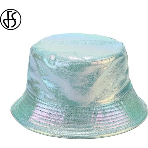 FS Green Gold Lacquered PU Leather Hip Hop Caps Streetwear Bucket Fisherman Hat Women Men Creative Double-sided Foldable Sun Hat
