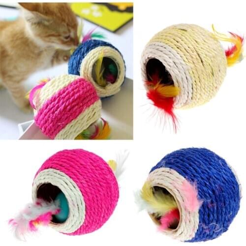 Lovely Sisal Rope Feather Ball Teaser Scratch Chew Play Toy For Pet Cat Kitten