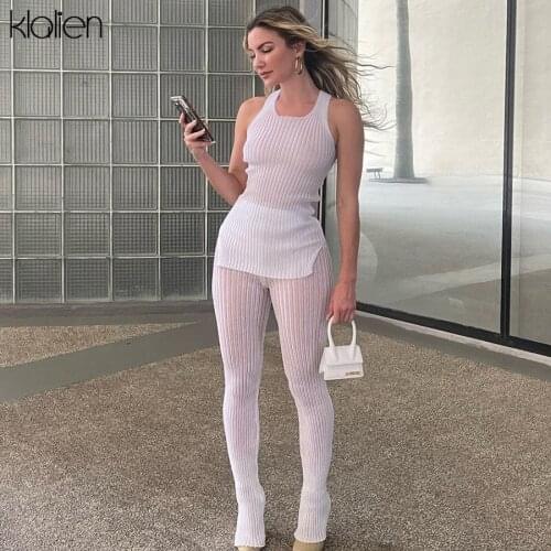 KLALIEN Solid Knitted See Through Two Piece Set For Women Sexy Casual Crop Top+Pant Matching Set Streetwear Clothing Outfit
