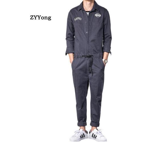 ZYYong Dark Gray Long Sleeve Slim Mens Jumpsuits Casual Elastic Waist Patches Design Streetwear Mens Overalls Mens Trousers