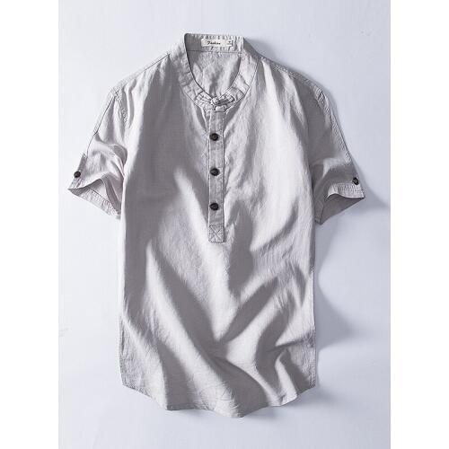 Mens Pullover Linen Shirts Short Sleeve Summer Breathable Mens Quality Casual Shirts Slim fit Solid Cotton Shirts Male TS-386