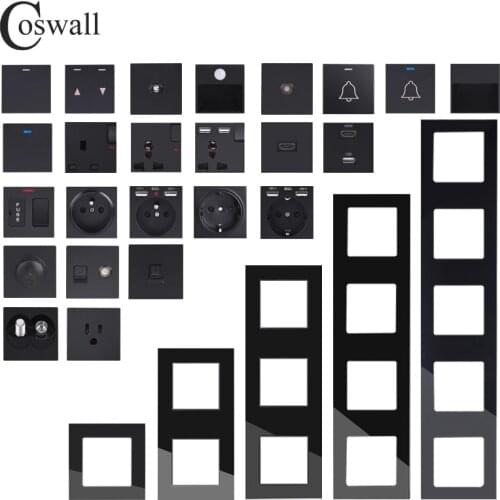 COSWALL C1 Series Black Glass Vertical Panel Wall Switch EU French Socket HDMI-compatible USB Type-C Charger TV RJ45 Module DIY