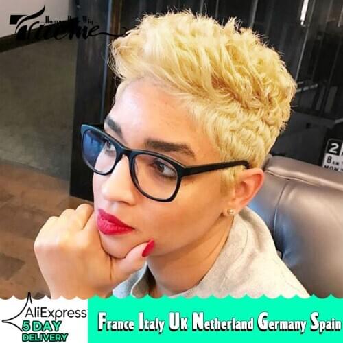 Trueme Short Lace Wig Ombre Blonde Human Hair Wigs For Women Colored Brazilian Mix Brown Black Pixie Cut Lace Human Hair Wig