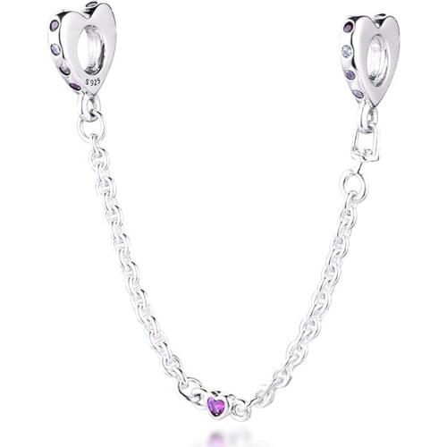DIY Fits for Pandora Beads Bracelets Bright Hearts Safety Chain Charms 100% 925 Sterling-Silver-Jewelry Free Shipping