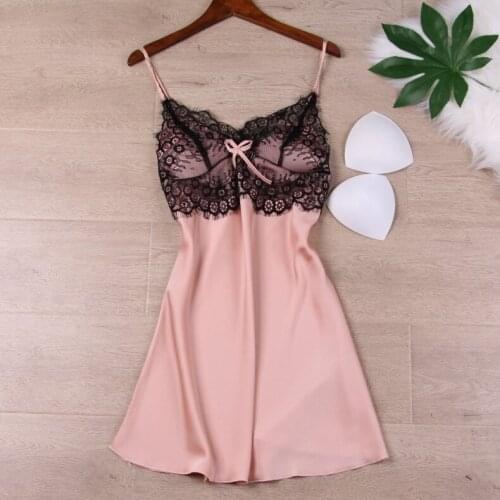 Sexy Lady Nighty Lace Backless Faux Silk Spaghett Strap Nightdress With Bra Summer Night Dress Sleepwear Bow Intimate Lingerie
