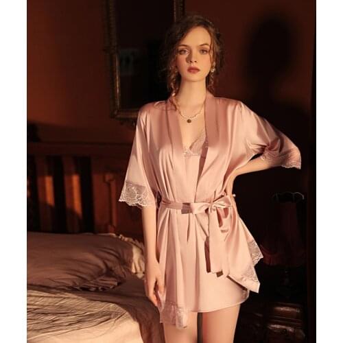 Sexy Lingerie Pajama Set Women Female Sexy Dress With Pants Charming Nightgown Silk Sleepwear Night Gowns Robe Bathrobe