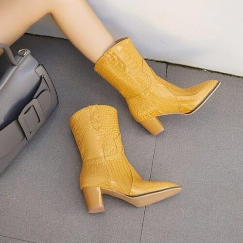 Chic Crocodile Snake Western Boots Womens Big Plus Size 47 48 Slip-on Cow Girl Cowboy Boots Woman Snake Print Block Heels Shoes