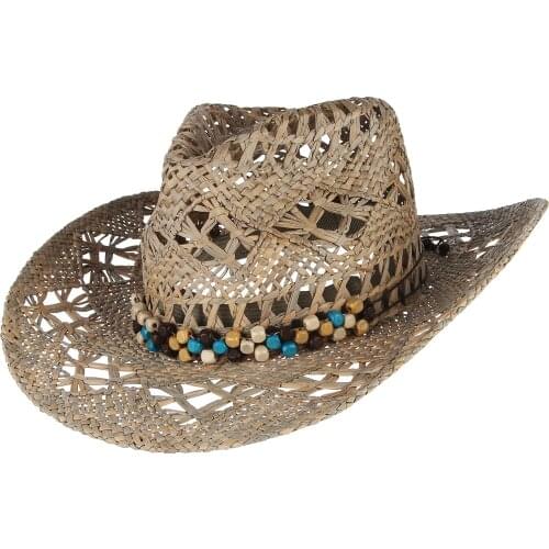 2021 Unisex Straw Western Cowboy Hat For Women Cowgirl Summer Hats For Lady Sun Hat With Leather Beaded Belt Beach Cap Panama