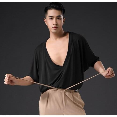 Deep V Sexy Latin Dance Tops For Men Mid-Sleeve Exercise Clothes Loose Rumba Tango Chacha Dance Wear Latin Dance Clothes DQS7227