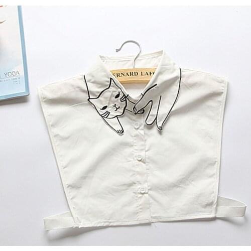 Retro British Style Women Girls Cotton False Fake Collar Cute Cartoon Cat Embroidery Casual Detachable Lapel Half-Shirt