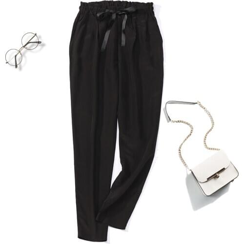 Womens 100% Pure Silk Belted Waist Long Pants Trousers with pockets Black Color JN439-1