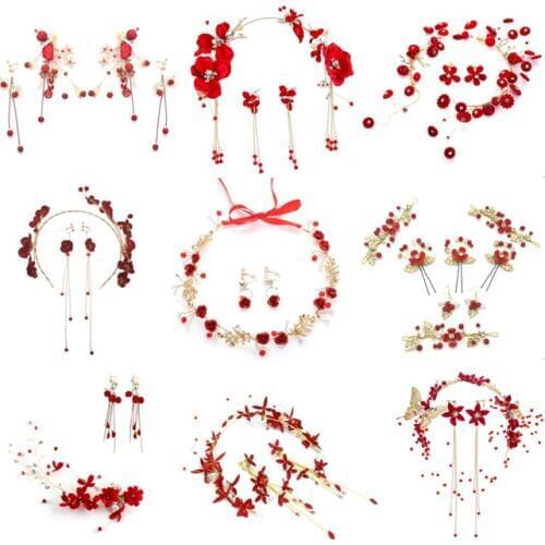 New Handmade tiara tassel Red Flower Pearl Headband +Earring Bridal Floral Garlands Bride Party Wedding Women Hair Accessories