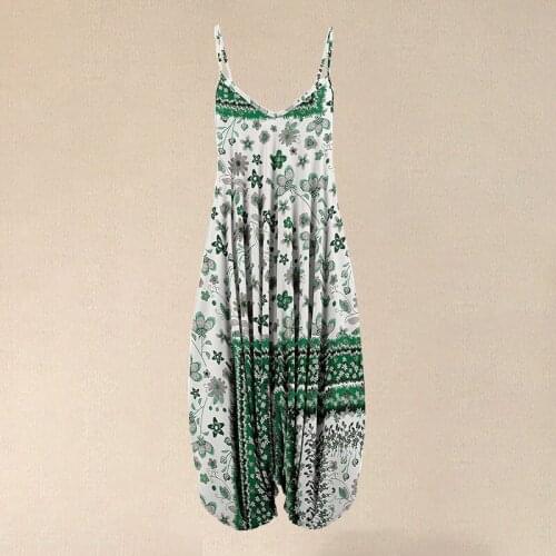 Summer V Neck Sleeveless Loose Womens Jumpsuit Fashion White Green Floral Wide Leg Casual Strap Rompers