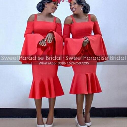 Red Long Trumpet Sleeves Bridesmaid Dresses For Women Spaghetti Off Shoulder Tea Length Short Prom Dress Wedding Party