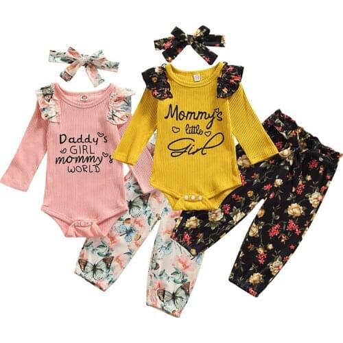 Lioraitiin 0-18M Infant Baby Girls 3Pcs Long Sleeve Letter Print Ruffles O-Neck Bodysuit+Floral Print Pants+Bowknot Headwear