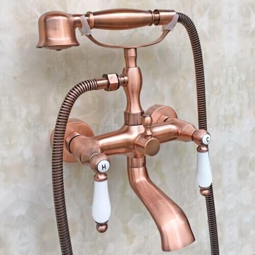 Antique Red Copper Bathtub Shower Faucets Set Hot & Cold Bath Shower Mixer Taps With Handheld Wall Mounted Dual Handle ztf806
