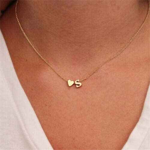 Fashion Tiny Heart Initial Necklace Gold Silver Color Stainless Steel Letter Name Choker Necklace For Women Pendant Jewelry Gift