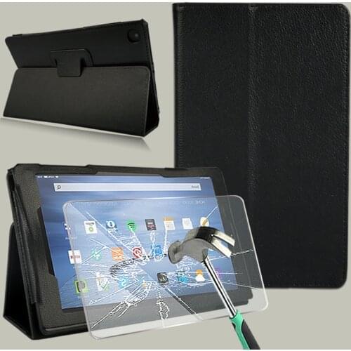 For Amazon Fire 7/Fire HD 8/Fire HD 8 Plus/Fire HD 10 Leather Back Support Stand Tablet Case + Tablet Tempered Glass