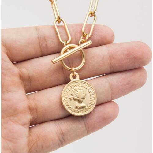 Gold Color Stainless Steel Long O Choker Toggle Necklace Maria Coin Medal Necklace For Women Bohemia Style jewelry Collar de