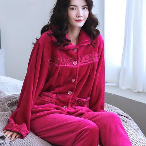 H5811 Coral Velvet Women Pajamas Suit Winter Thickening Mother Flannel Homewear Female Loose Long Sleeve Warm Simple Sleepwear