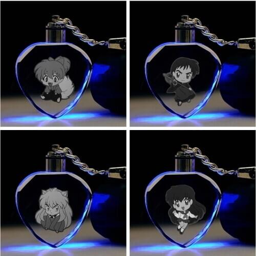Inuyasha Q version Heart shaped Anime LED Key Chains Keyring Crystal Toy Keychain Light Keyholder Unisex Gifts