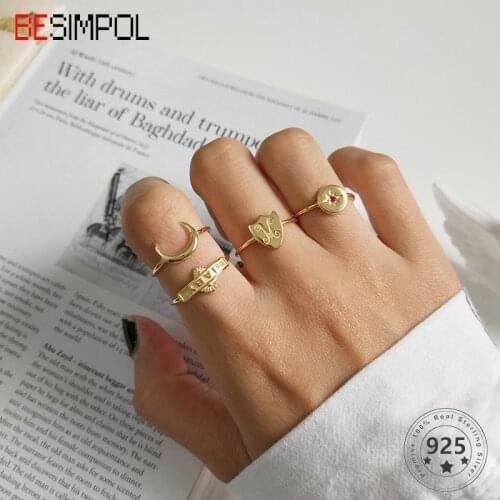 Besimpol Real 925 Sterling Silver Openwork Moon Star Rings Elegant Letter Baby Shield Minimalist Rings For Women Fashion Jewelry